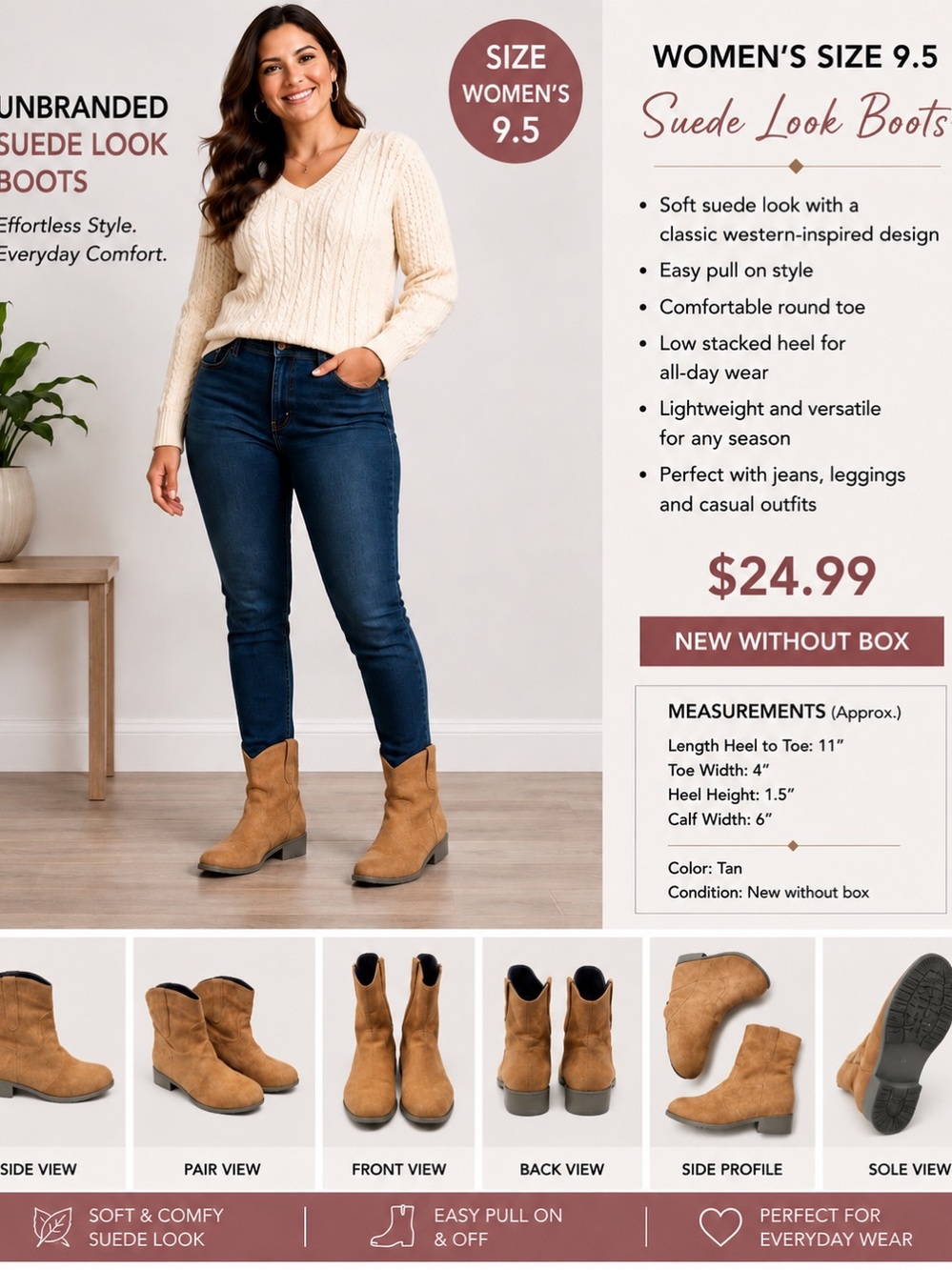 🆕Tan Faux Suede Heeled Ankle Booties Block Heel Round Toe Size 9.5 NEW